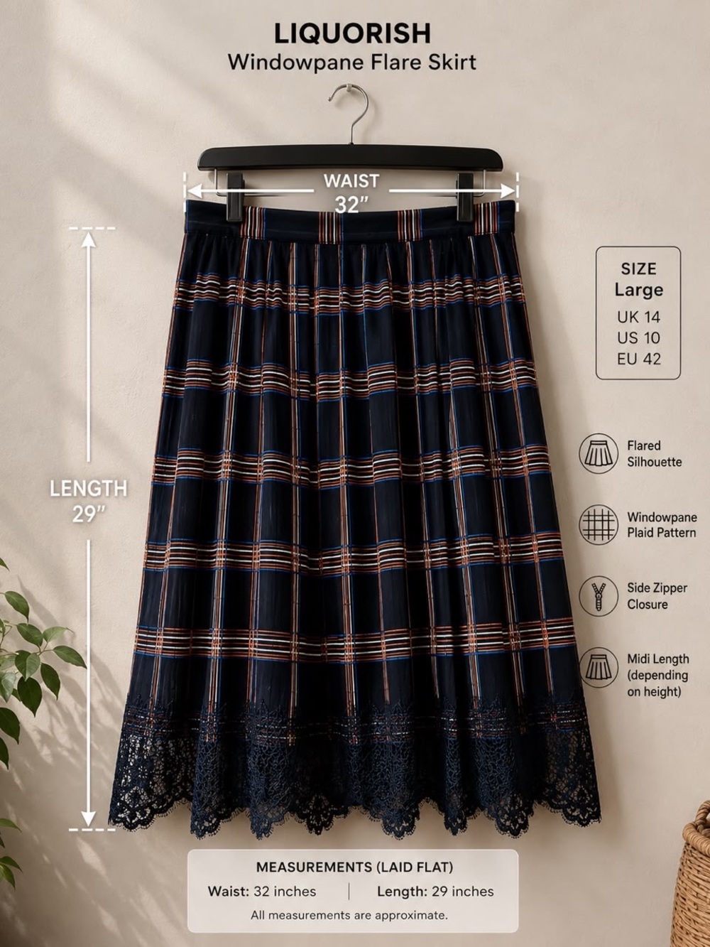 Liquorish Navy Windowpane Midi Skirt with Lace Trim
